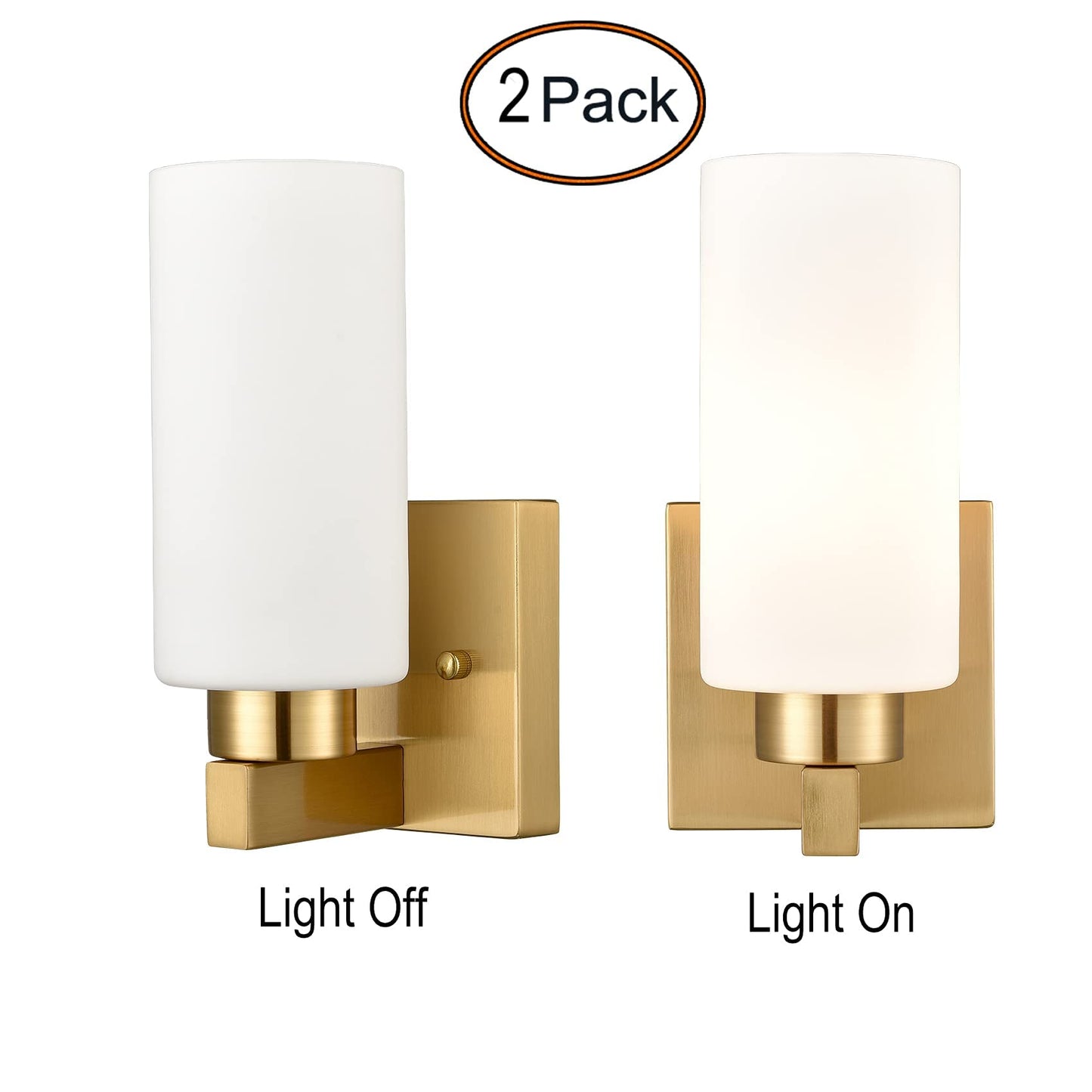 DEYNITE Modern Wall Light Fixtures Brass Bathroom Vanity Light with Milky White Cylinder Glass Shade Set of 2