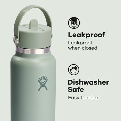 Hydro Flask Water Bottle - Insulated Stainless Steel with Wide Mouth Flex Straw Lid | 32 Oz Tonal Agave