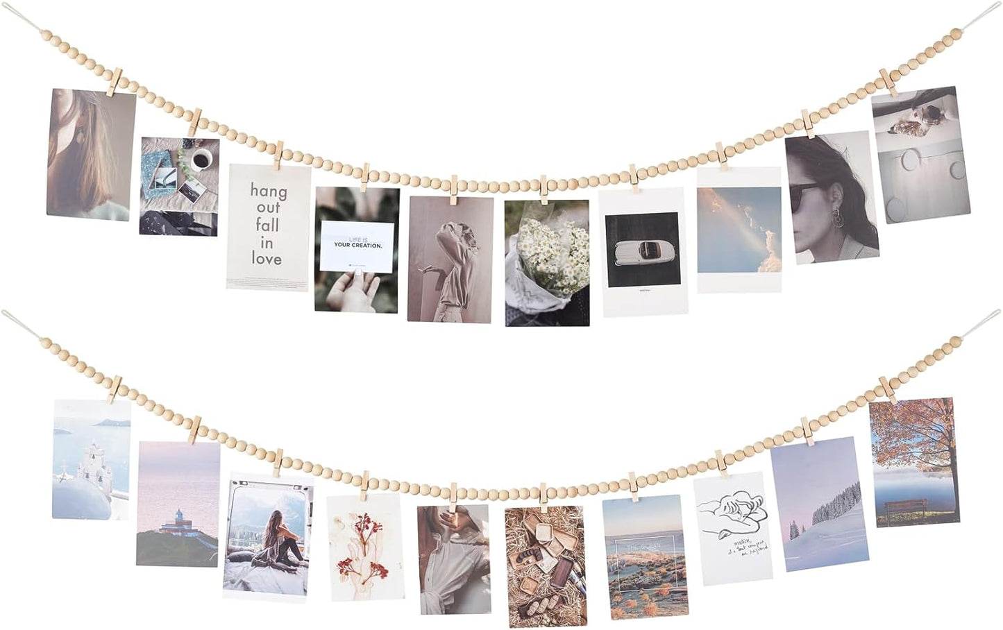 Mkono Hanging Photo Display - Boho Wooden Bead Garland with 10 Clips | Brown, 2 Pack - Perfect for Bedroom Decor
