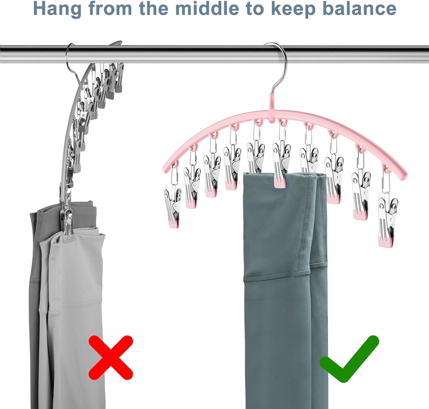 Metal Yoga Pants Hangers - Space-Saving Closet Organizer with 10 Clips | Pink, Holds 10 Leggings