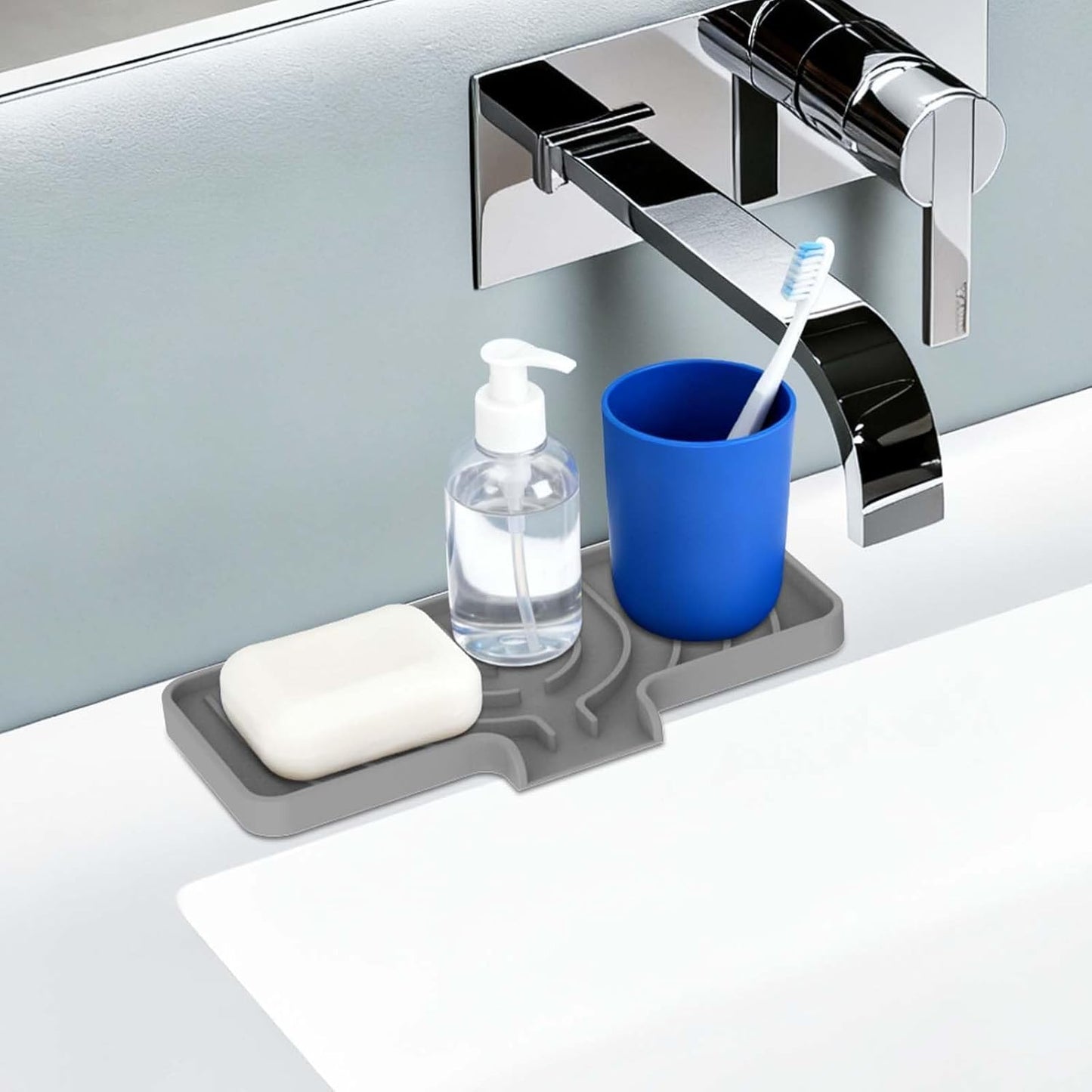 Skiennix Silicone Sponge Holder - Self-Draining Kitchen Sink Caddy | Gray, 10"x4" Soap Tray
