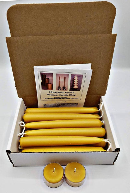 6 Pairs Beeswax Taper Candles - Early American Hand Dipped, 3/4" x 6" (12 Candles) + Tea Lights – Honeyflow Farm