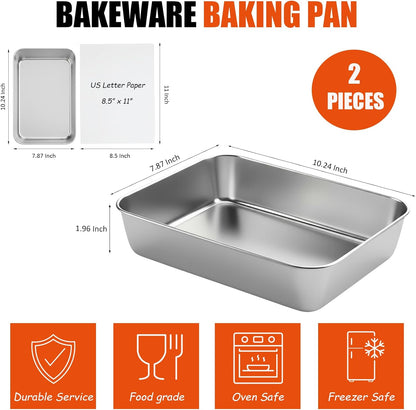 Stainless Steel Baking Pan Set by [Brand Name] - 2 Pack Rectangular Cake & Roasting Pans | Oven & Dishwasher Safe, 9.84 x 7.87 x 2 Inch