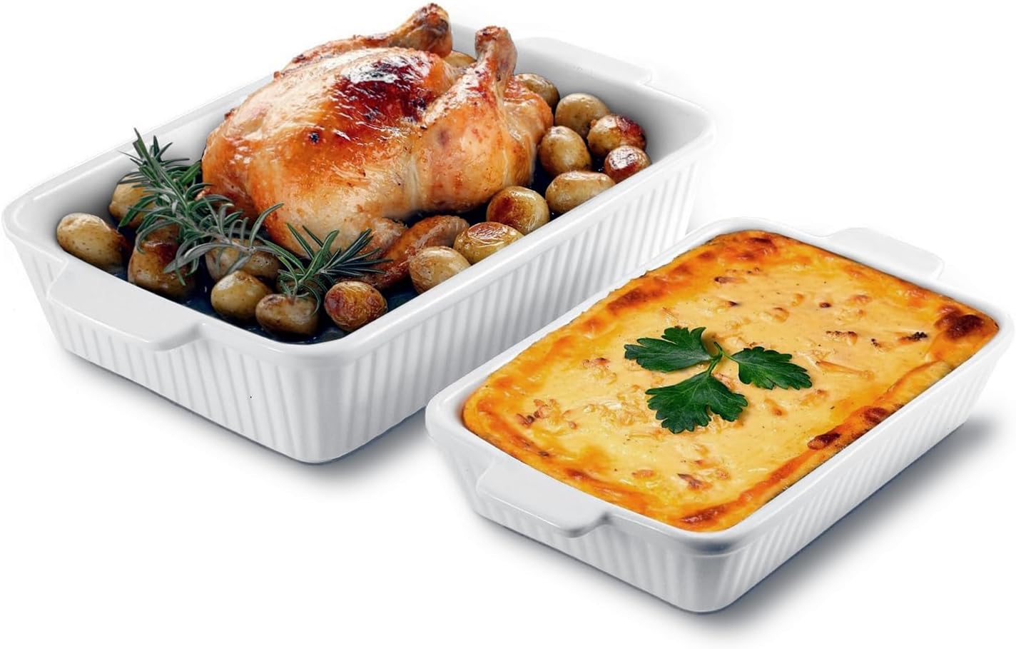 Ceramic Baking Dish Set by [Brand Name] - 2-Piece Rectangular Casserole Pans | 4.4QT & 1.8QT, Oven Safe, Dishwasher Safe, White