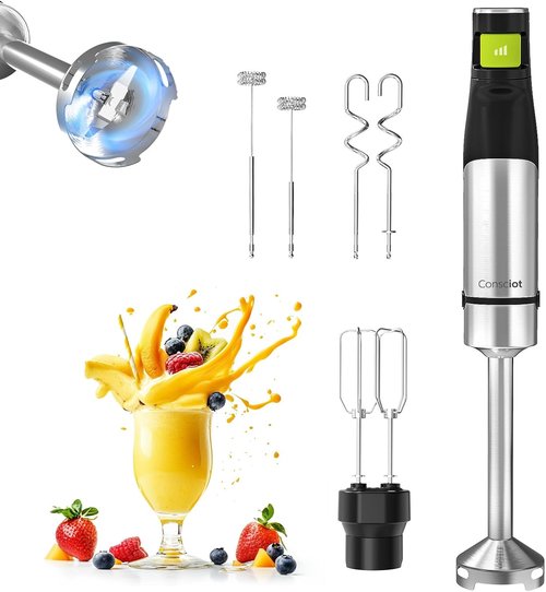 Consciot 4-in-1 Immersion Hand Blender - 1100W Corded Stainless Steel Emulsifier with Speed Control
