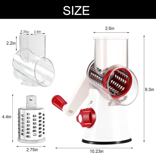 Cambom Rotary Cheese Grater - Hand Crank Shredder for Fresh Cheese, Veggies & Nuts | Red & White with Non-Slip Base