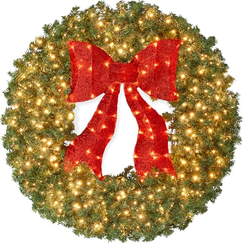 36in Artificial Christmas Wreath with Red Lighted Bow and 150 LED Lights - Green Spruce