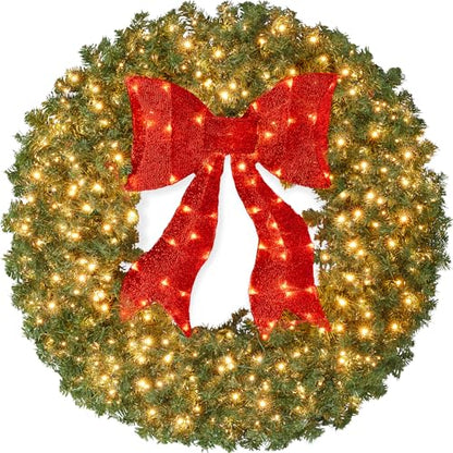 36in Artificial Christmas Wreath with Red Lighted Bow and 150 LED Lights - Green Spruce