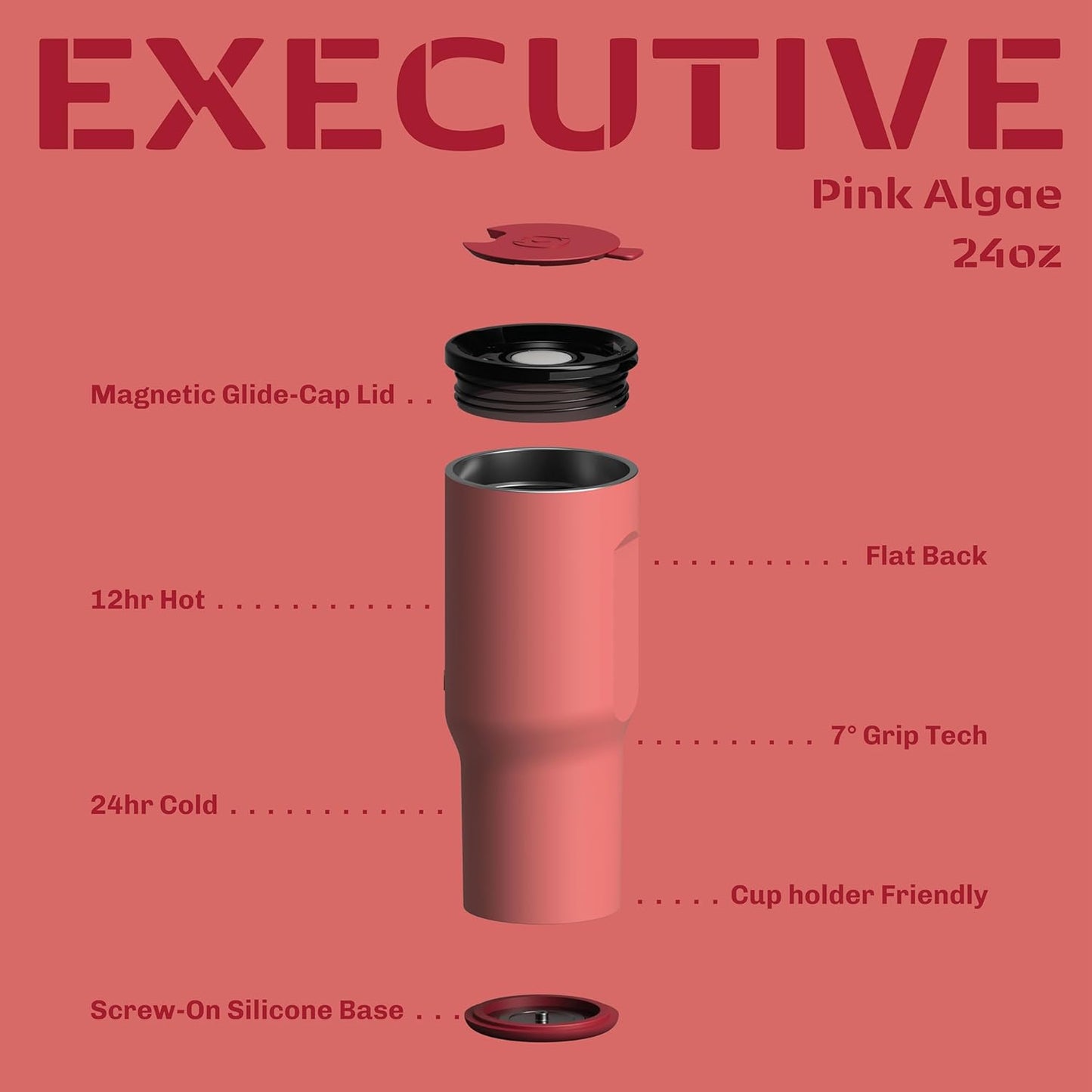 Zylo 24oz Stainless Steel Tumbler | Insulated, Spill-Proof Lid & Straw Compatible - Pink Algae