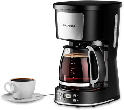 Skiennix 12-Cup Drip Coffee Maker - Programmable, Reusable Filter, Compact Design | Silver & Black
