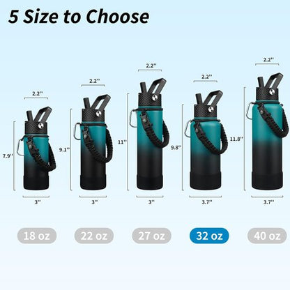 BJPKPK 32oz Insulated Water Bottle - Durable Stainless Steel with 3 Lids & Paracord Handle | Army Green & Black