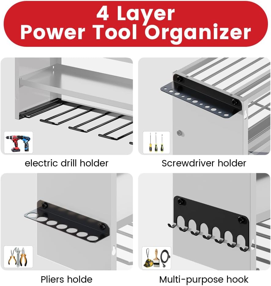 Power Tool Organizer by [Brand Name] - Heavy Duty Wall Mount Shelf with 400lbs Capacity | 12 Slots & 8 Outlets