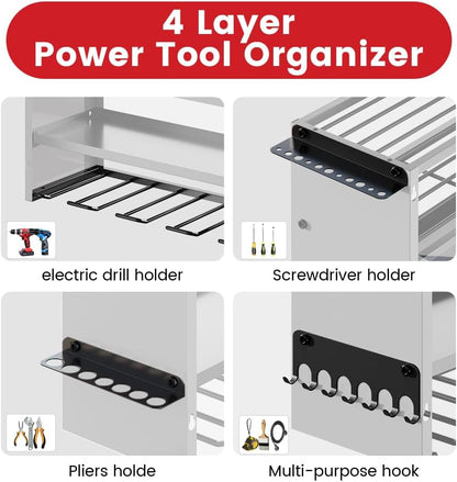 Power Tool Organizer by [Brand Name] - Heavy Duty Wall Mount Shelf with 400lbs Capacity | 12 Slots & 8 Outlets