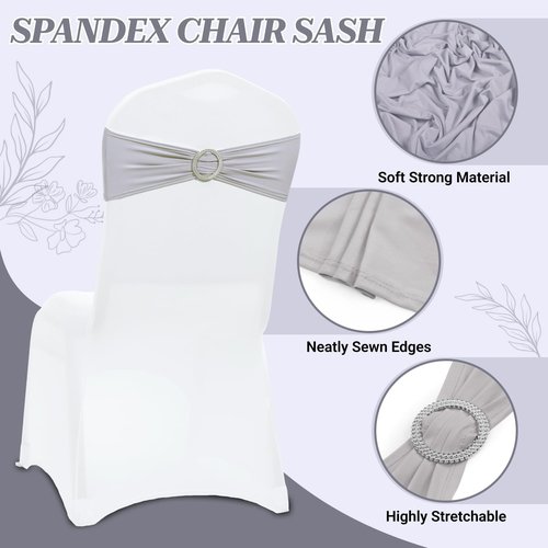 MDS Premium Stretch Chair Sashes - Pack of 25 Light Silver Bow Covers for Weddings & Events