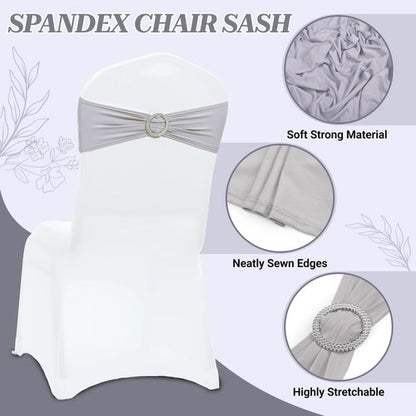 MDS Premium Stretch Chair Sashes - Pack of 25 Light Silver Bow Covers for Weddings & Events