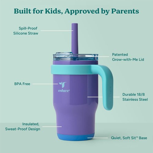 Coldee 14 Oz Kids Tumbler with Lid & Straw - Insulated, Spill-Proof Stainless Steel - Magnetic Purple