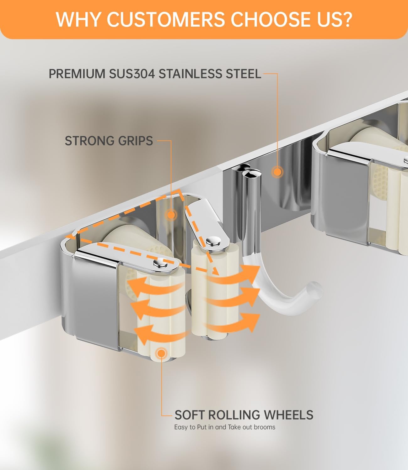 Skiennix Broom Holder - Wall-Mounted 304 Stainless Steel Organizer with Hooks | Over The Door, White