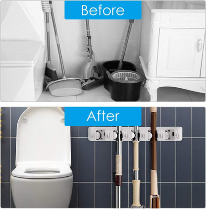 Tangkula Wall Mount Broom Holder - 5 Slot Organizer with 6 Hooks for Home, Garage & Kitchen (White)
