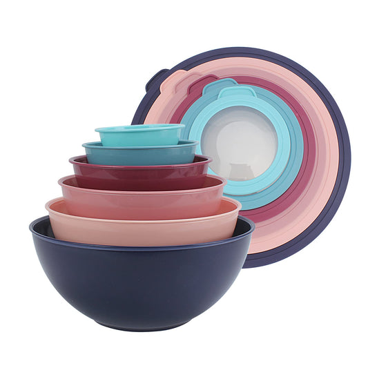 COOK WITH COLOR Mixing Bowls with TPR Lids - 12 Piece Plastic Nesting Bowls Set includes 6 Prep Bowls and 6 Lids, Microwave Safe Mixing Bowl Set (Multicolored Set with Large Blue Bowl)