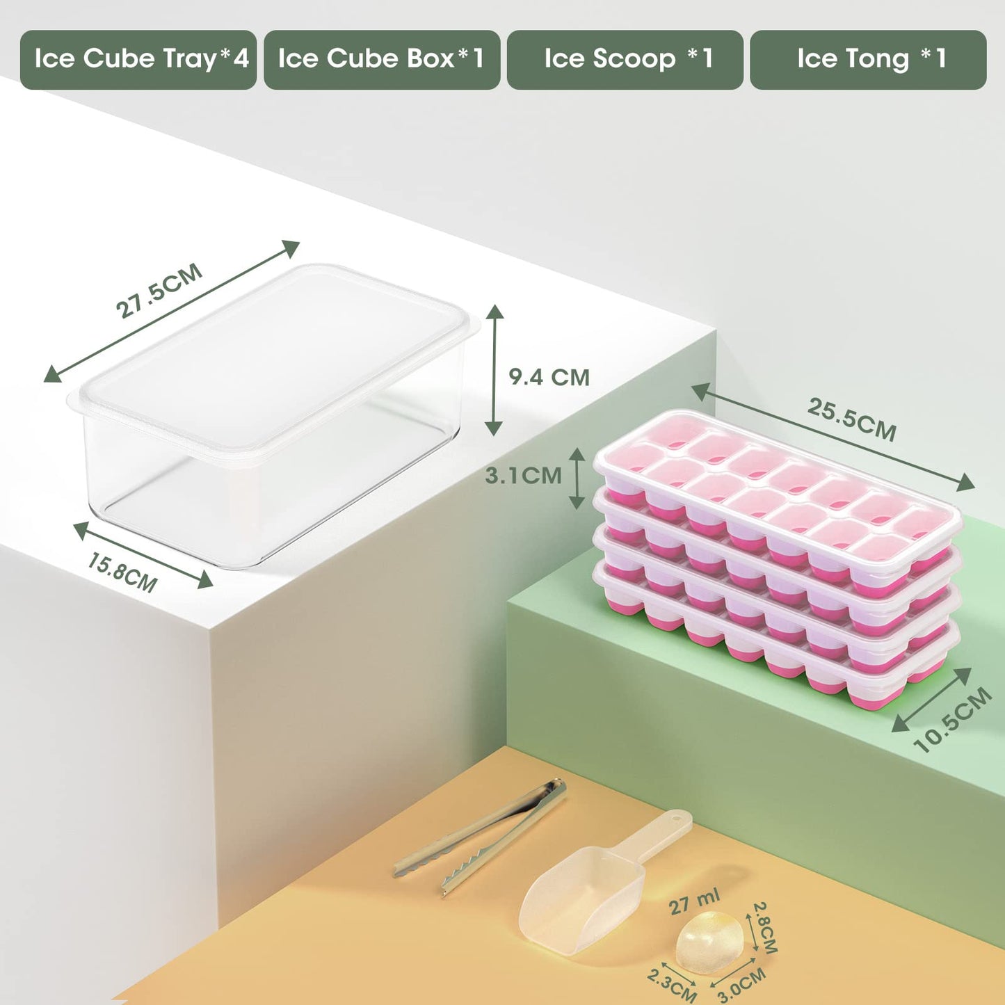 DOQAUS Ice Cube Tray with Lid and Ice Bucket, Silicone Ice Cube Trays for Freezer with Ice Box, 4 Pack Ice Trays with Ice Container for Cocktails, Stackable Ice Maker with Storage Ice Bin