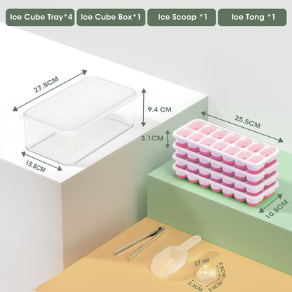 DOQAUS Ice Cube Tray with Lid and Ice Bucket, Silicone Ice Cube Trays for Freezer with Ice Box, 4 Pack Ice Trays with Ice Container for Cocktails, Stackable Ice Maker with Storage Ice Bin