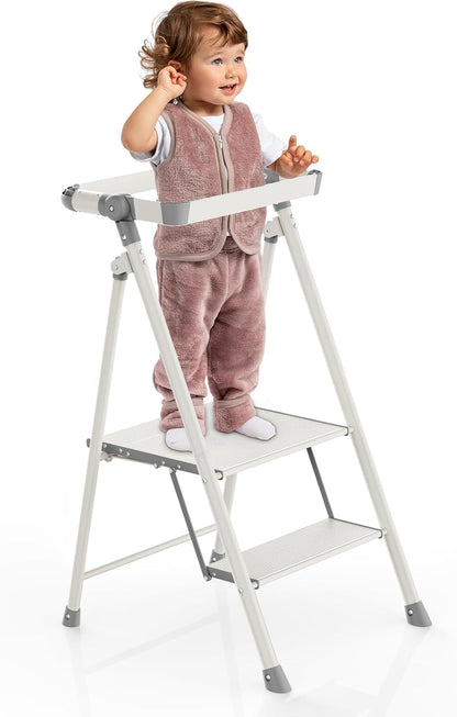 UNICOO Foldable Toddler Tower - 2-Step Kids Step Stool with Safety Rail | Compact Design for Home Use