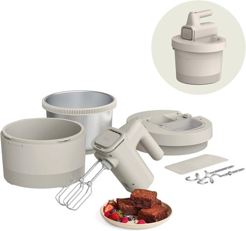 Bella 3.5 Qt Electric Mixer - 2-in-1 Hand & Stand Mixer with Bowl, Dough Hook, Whisk & Egg Beater, 200 Watt, Oatmilk