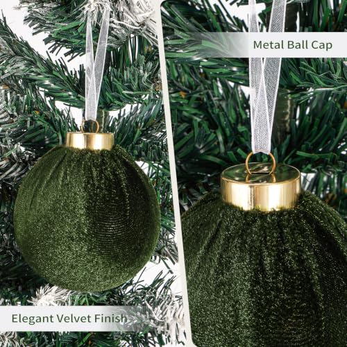 Velvet Christmas Ornaments Set - 15 Green & Brown Fabric Balls, 3.15 Inch - Holiday Decor