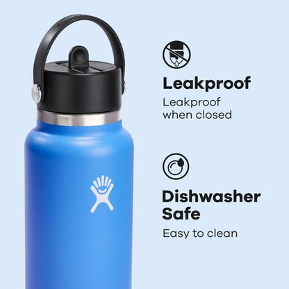 Hydro Flask Water Bottle - Insulated Stainless Steel - 32 Oz Cascade Blue with Wide Straw Lid & Leakproof Design