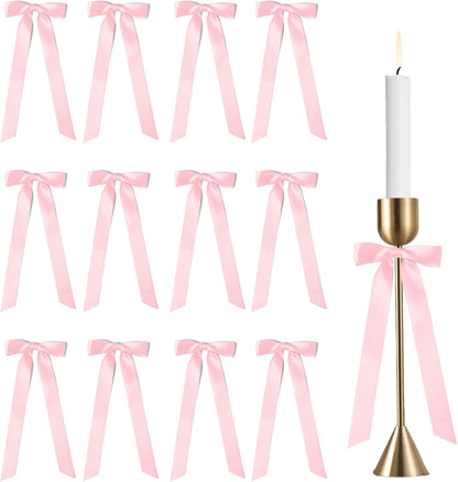 Skiennix 10-Inch Pink Satin Ribbon Bows - 12 Pcs for Gift Wrapping & Wedding Decor