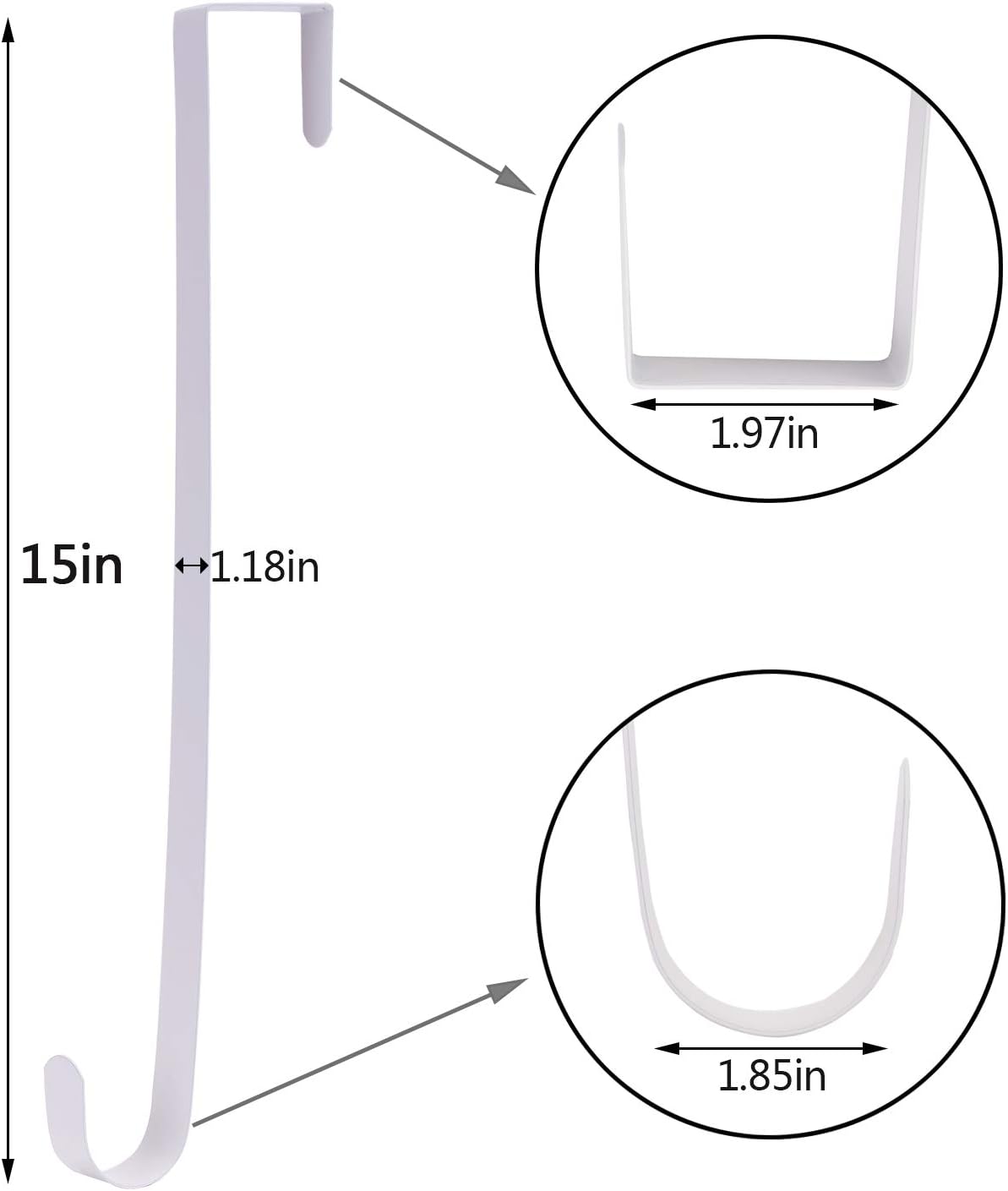 Sattiyrch 15" Wreath Hanger - Sturdy Steel Over The Door Hook for Front Door (White, 2-Pack)