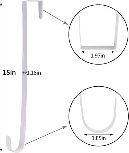 Sattiyrch 15" Wreath Hanger - Sturdy Steel Over The Door Hook for Front Door (White, 2-Pack)