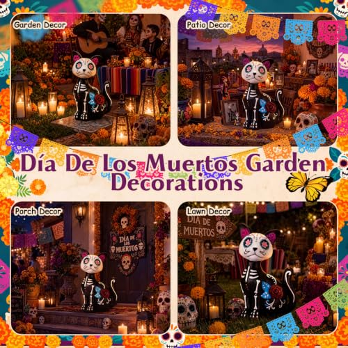 Large Día de Los Muertos Skeleton Cat Statue Halloween Garden Decor