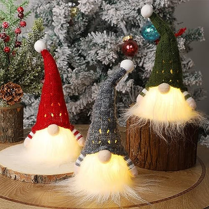 Lighted Christmas Gnome Decor Set of 3 - Handmade Mini Holiday Figurines