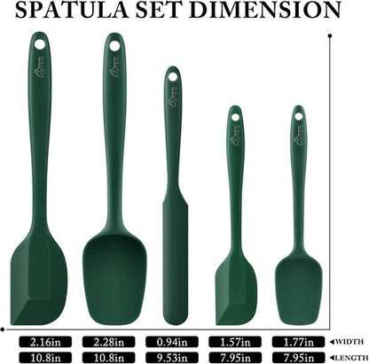 HOTEC Silicone Rubber Spatula Set - 600℉ Heat Resistant, BPA-Free, Dishwasher Safe | Dark Green, Set of 5