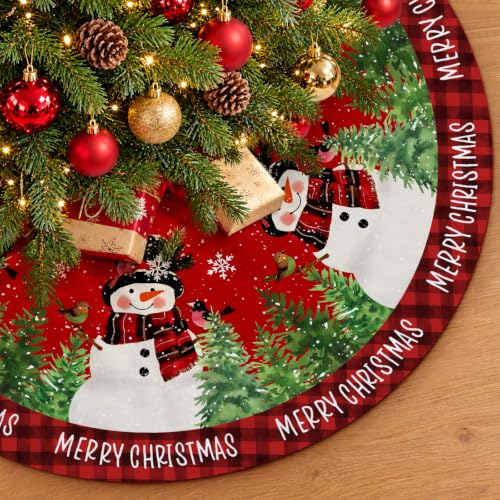 Christmas Tree Skirt 48 Inch Red Buffalo Plaid Snowman Holiday Decor