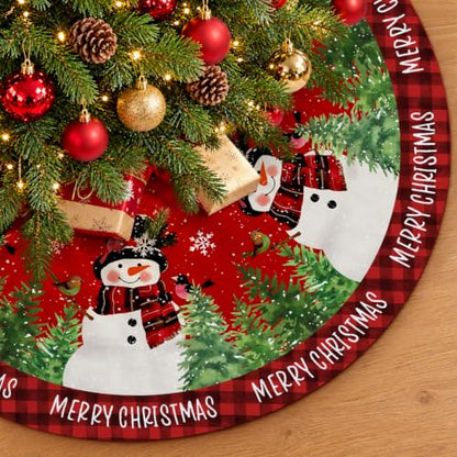 Christmas Tree Skirt 48 Inch Red Buffalo Plaid Snowman Holiday Decor