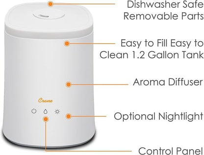 Crane Ultrasonic Cool Mist Humidifier - 1.2 Gallon Essential Oil Diffuser with Nightlight & Auto Shut-Off