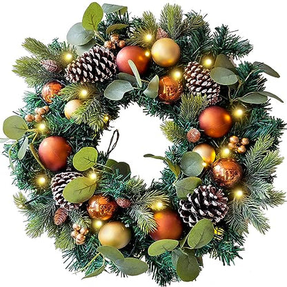 Pre-Lit 20 Inch Copper Gold Christmas Wreath for Front Door - Variation 07 Copper Gold