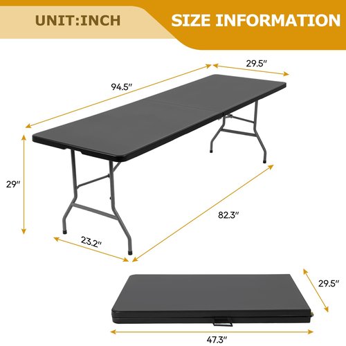 FDW 8FT Folding Table Half Portable Foldable Table Picnic Table for Office Home Camping Party (Black, 8 FT)