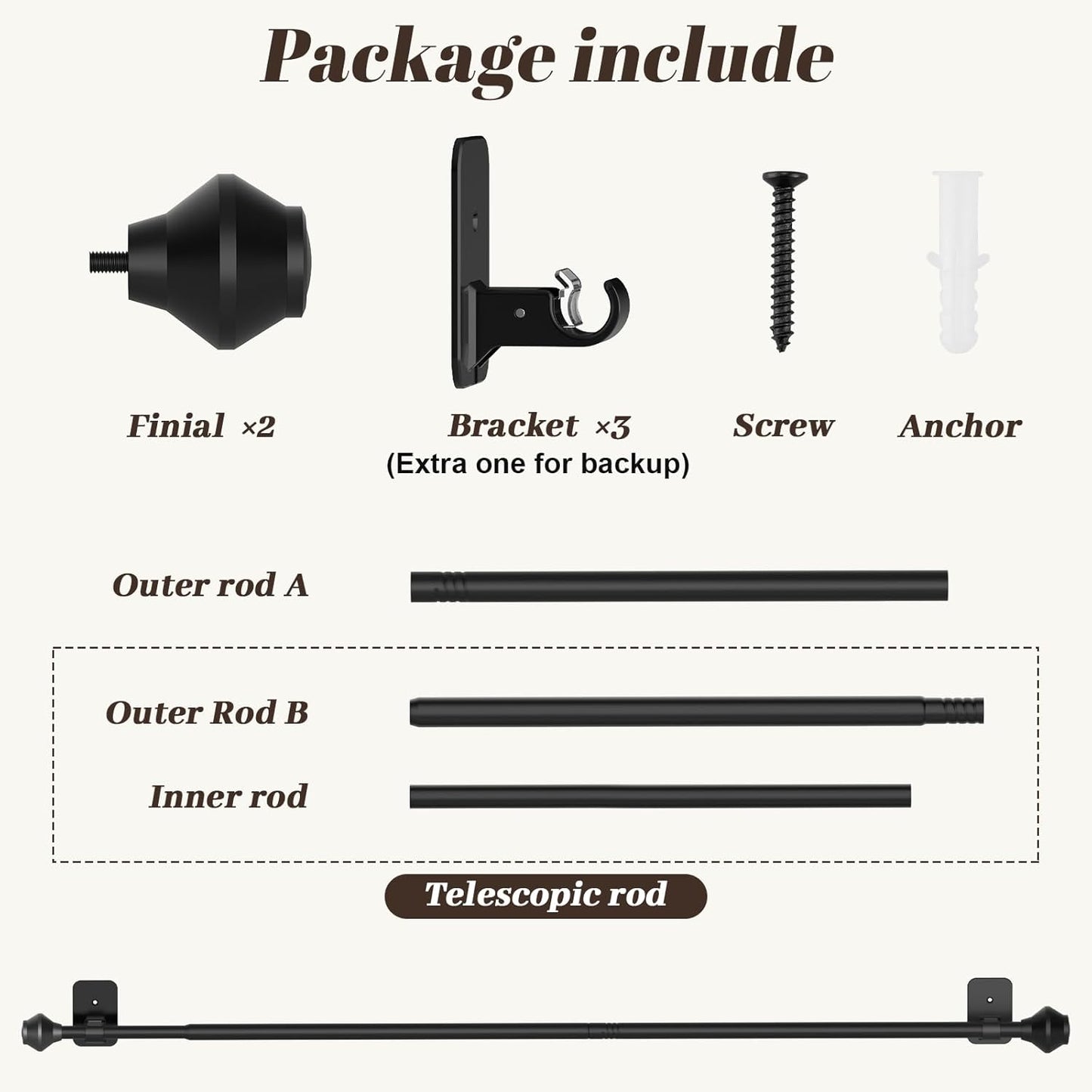 Skiennix Adjustable Curtain Rod - No Drilling, 36-48 Inch, Black Telescoping Design for Easy Installation