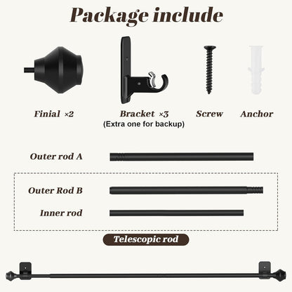 Skiennix Adjustable Curtain Rod - No Drilling, 36-48 Inch, Black Telescoping Design for Easy Installation