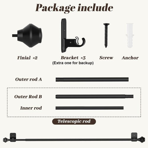 Curtain Rods No Drilling for Windows 36 to 48 Inch, 5/8 Inch Telescoping Adjustable Black Curtain Rod with Adhesive Holders, Renter Friendly for Bedroom Kitchen Apartment(36"-48")