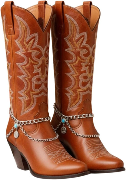 Skiennix Women's Silver Boot Chain Anklet Set - Ethnic Coin & Turquoise Beads, Adjustable 11-15 in