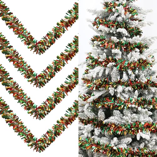 33FT Christmas Tinsel Garland - Red, Green & Gold for Tree Decor