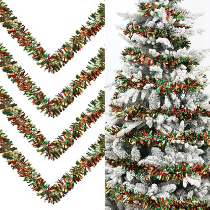 33FT Christmas Tinsel Garland - Red, Green & Gold for Tree Decor