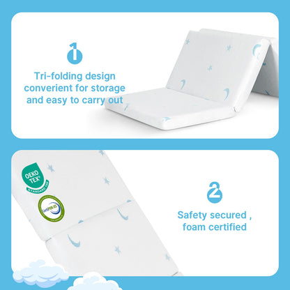 PanKers Portable Trifold Pack and Play Mattress 38"x26", Foldable Travel Crib Mattress, Dual Sided Memory Foam Pack n Play Mattresses Pad with Carrying Bag Removable Cover