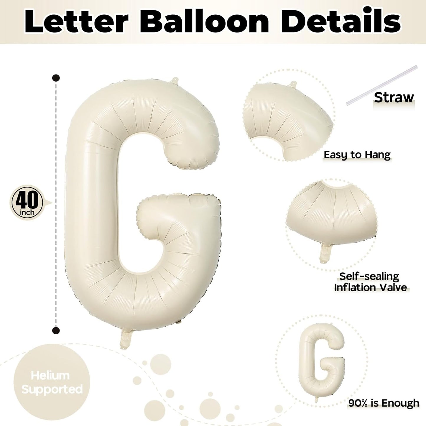 Skiennix 40-Inch Custom Letter Balloon - Giant Cream White G Foil Mylar for Birthday Party Decor