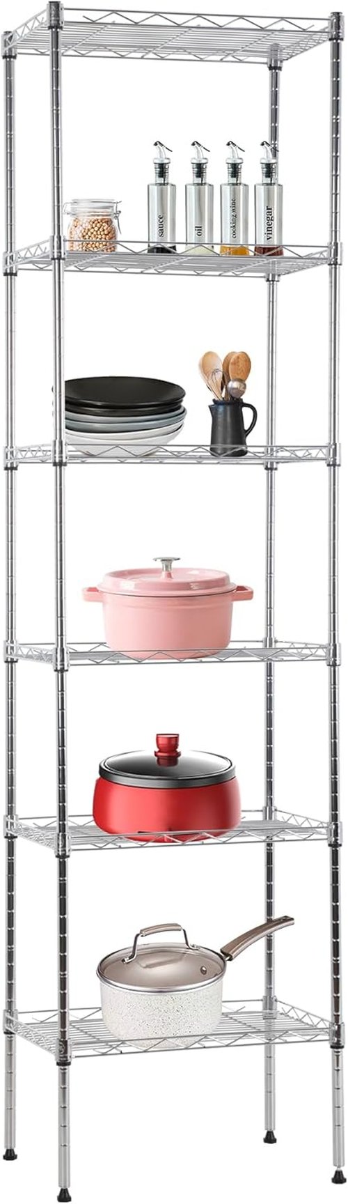 BestOffice | 6-Tier Wire Storage Shelves | Heavy-Duty Metal | 17x12x64 | Chrome Finish | Easy No-Tool Assembly