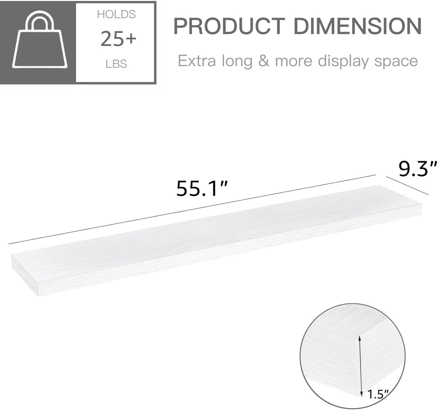 QEEIG Floating Shelves - Extra Long Wall Mounted Shelf for Home Decor | Set of 2, 55.1 x 9.3 Inch, White